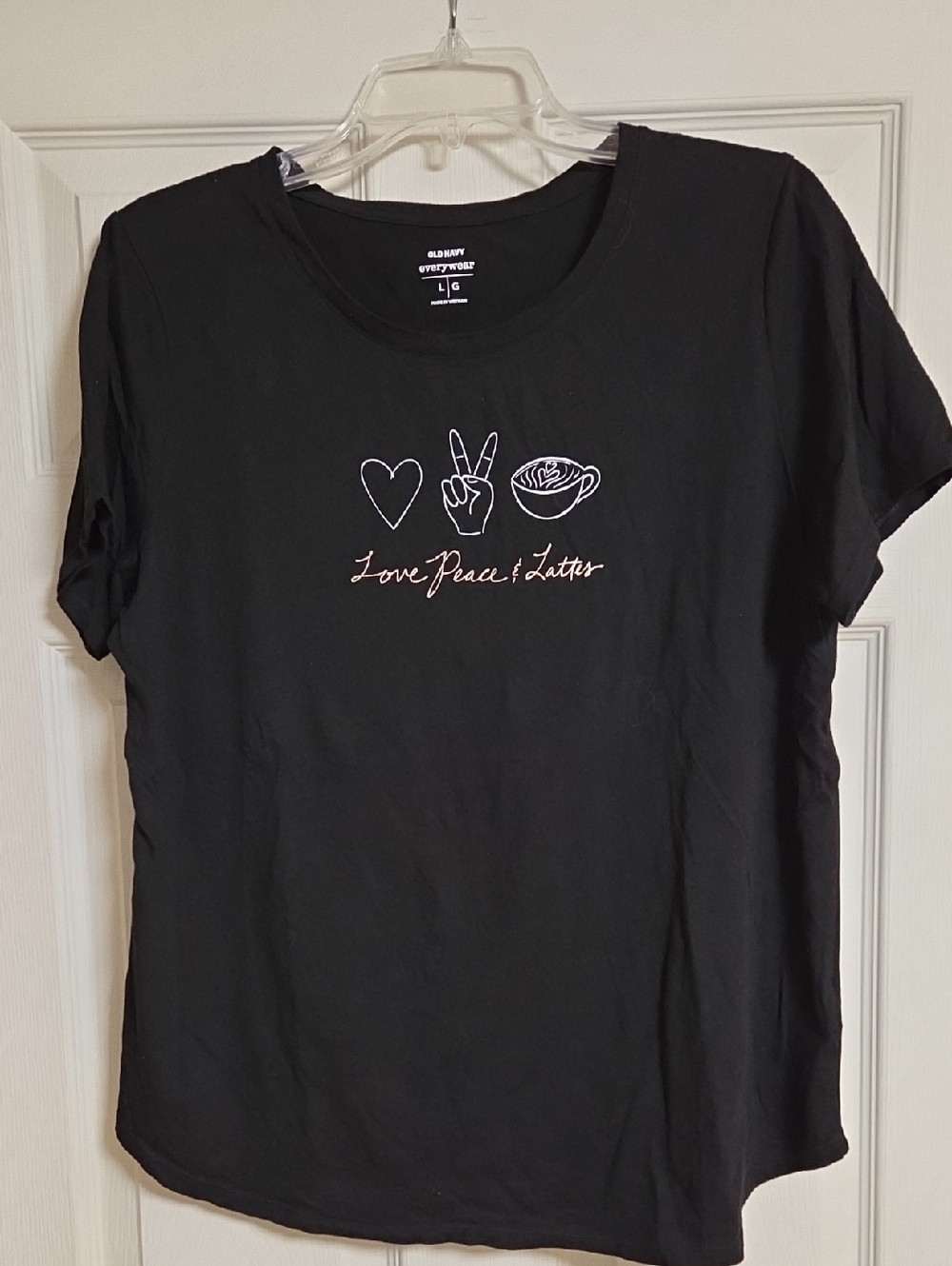 Old Navy Black Graphic Tee with Heart, Peace & Latte Icons